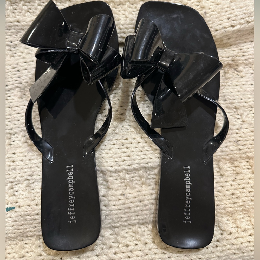 Jeffrey Campbell Patent Black Bow Toe-Post Sandals